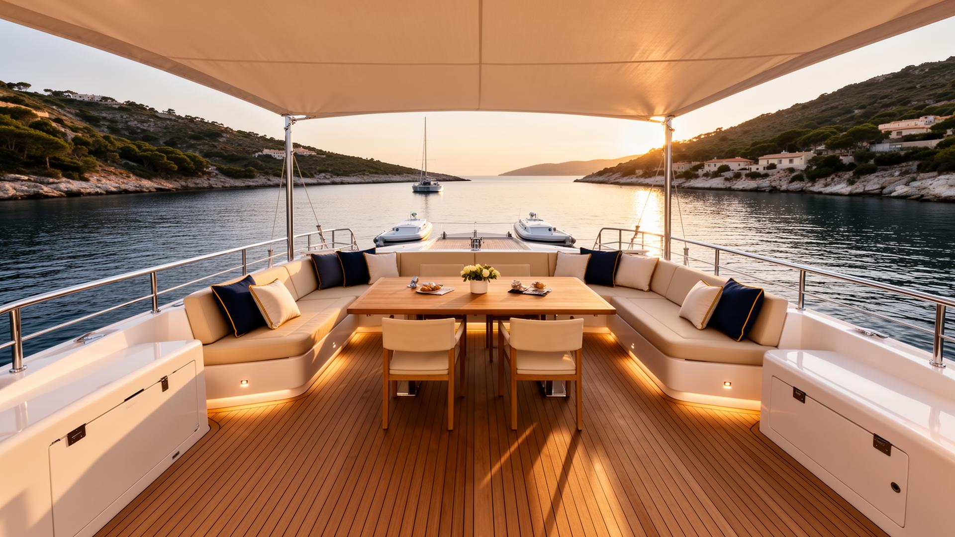 YachtFino One aft deck with dining table and cushioned lounge seating