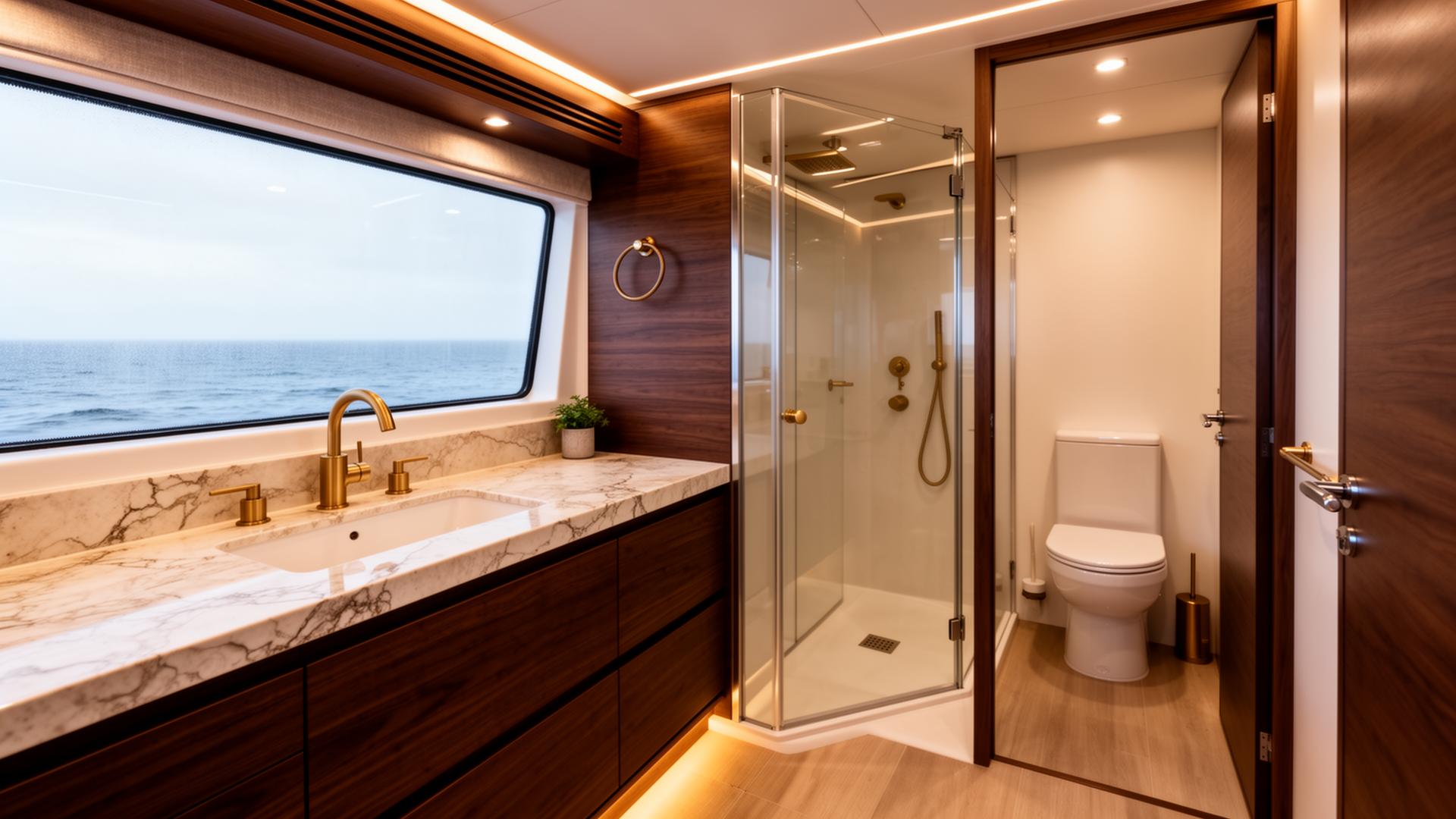 YachtFino One bathroom with separate glass shower, vanity and toilet