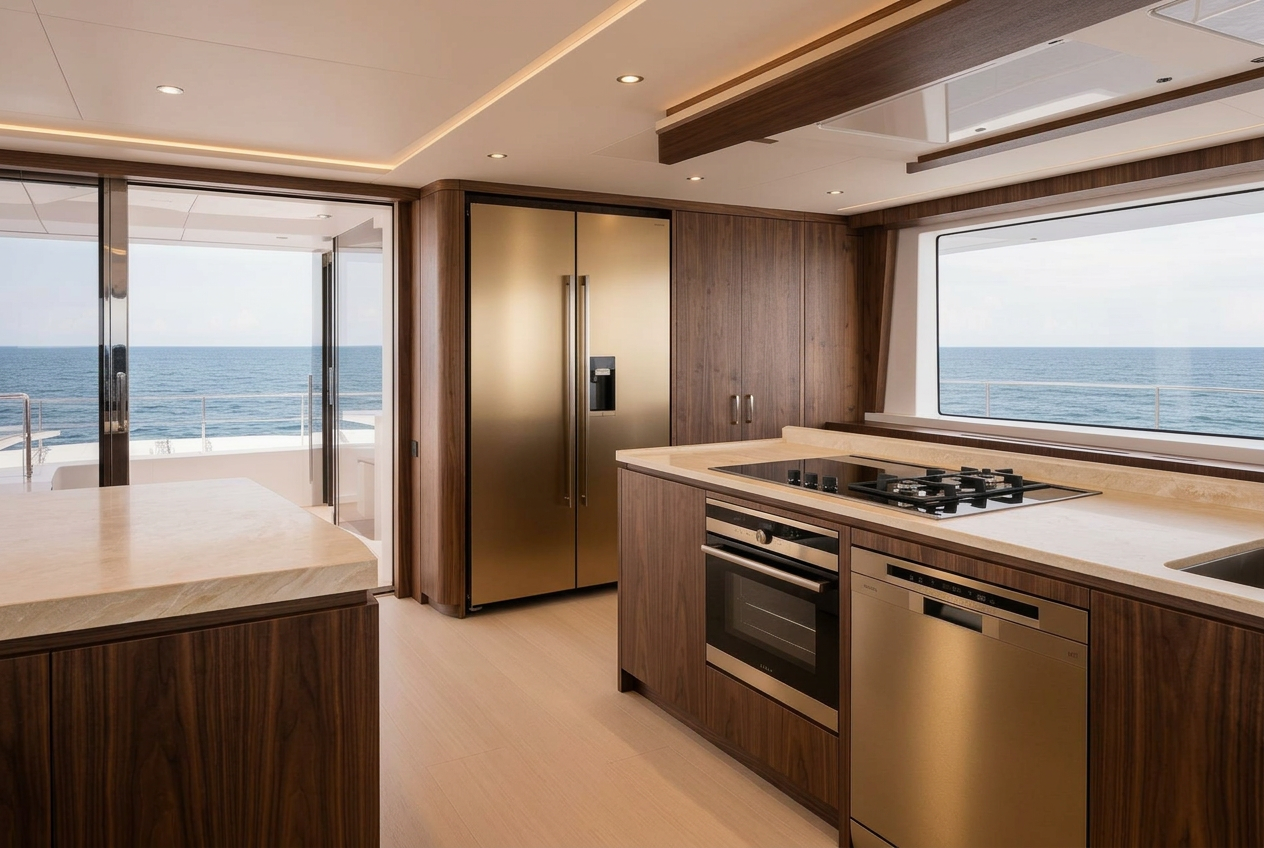 YachtFino One interior in dark walnut with a light stone work surface