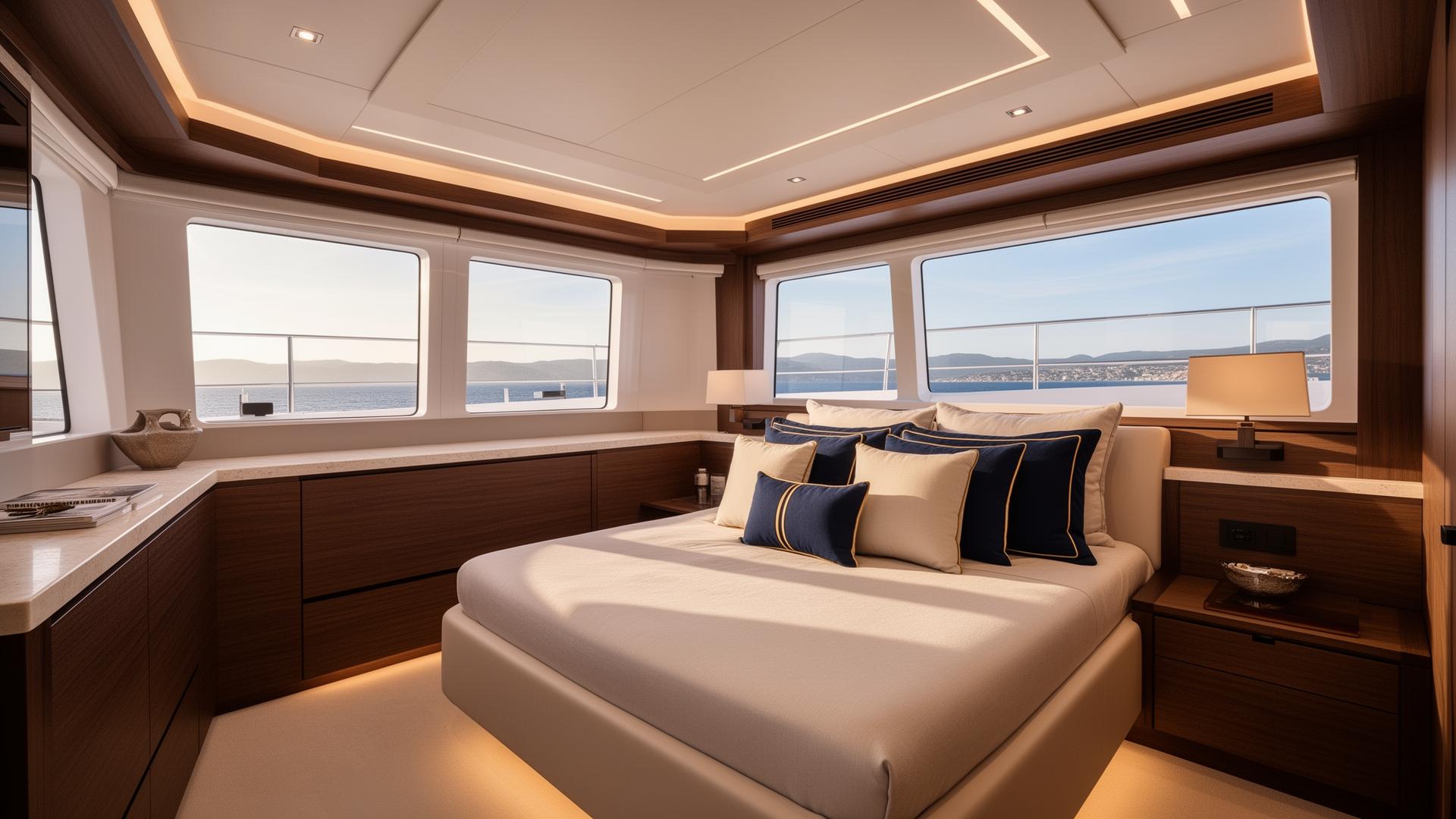YachtFino One owner bedroom with dark walnut cabinetry and tailored navy cushions