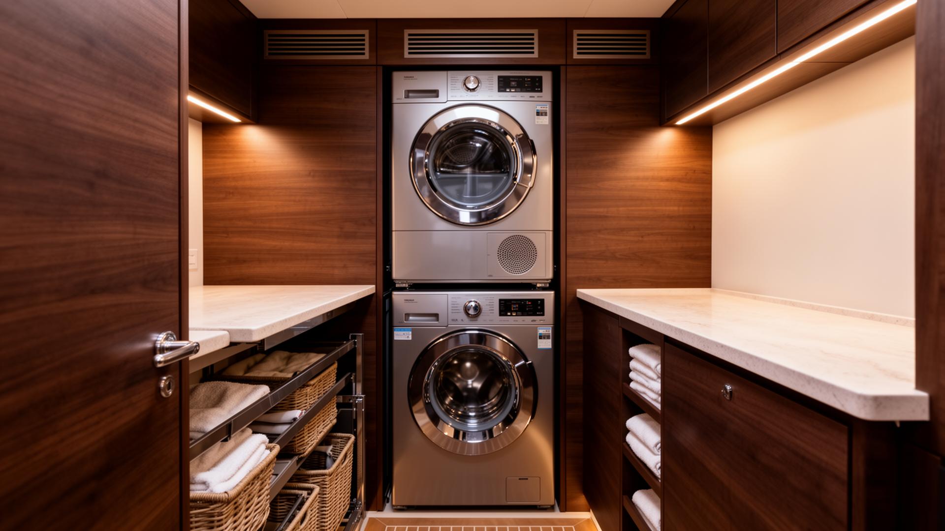YachtFino One utility room with stacked washing machine and tumble dryer